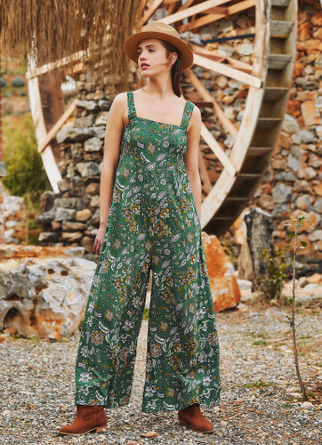 Square Neck Thick Strap Green Floral Jumpsuit