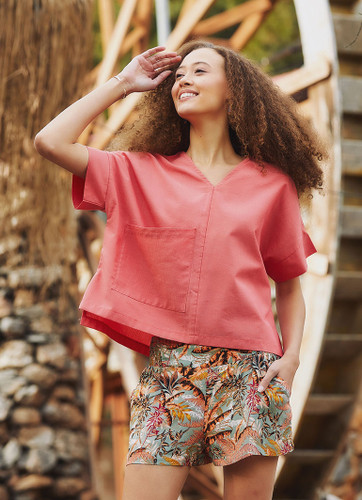 V Neck Cotton Boho Pink Top with Pocket