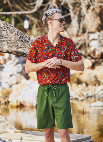 Elastic Waist Mens Green Shorts