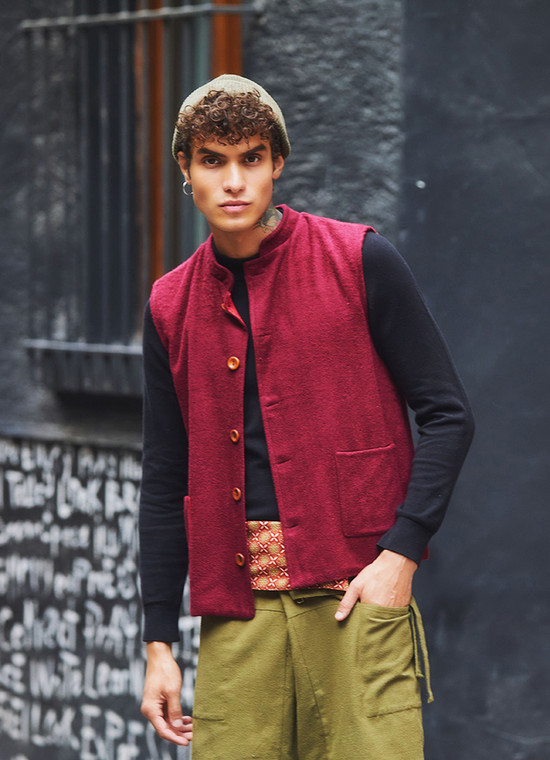 Band Collar Maroon Men's Vest with Cotton Lining