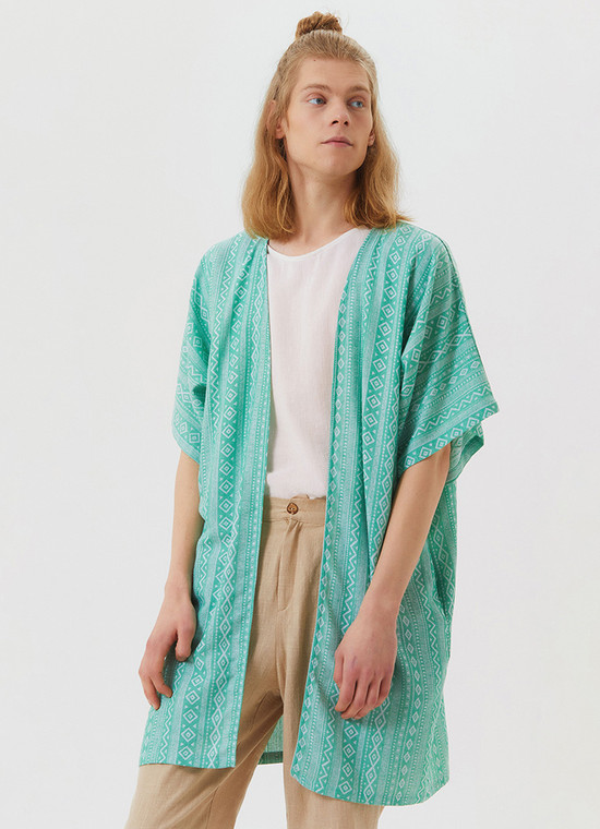 Printed Short Sleeve Green Kimono for Men