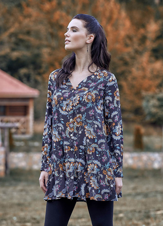 Floral Long Sleeve Frill Hem Dress Black