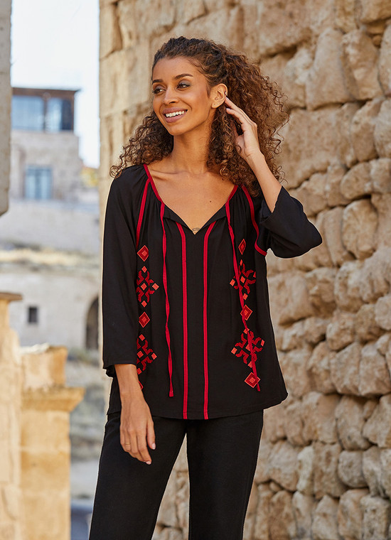 Tie Neck Embroidered Blouse Black
