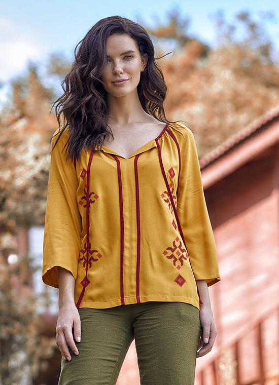 Tie Neck Embroidered Blouse Yellow