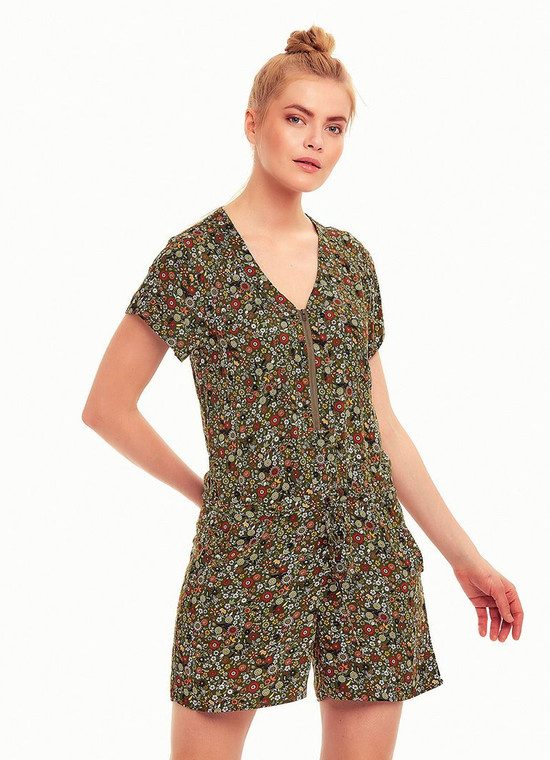 Short Sleeve Green Floral Jumpsuit