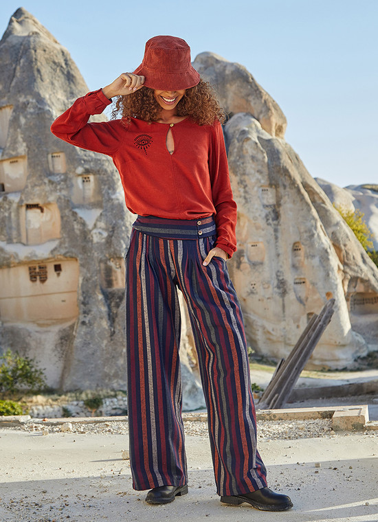 Women's Striped Boho Hippie Winter Pants Orange-Red