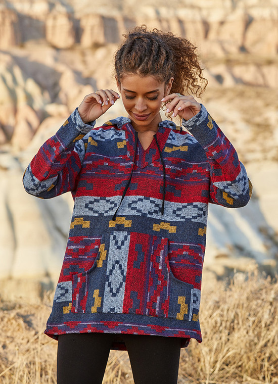 Ethnic Patterned Women's Sweatshirt with Kangaroo Pocket Gray-Red