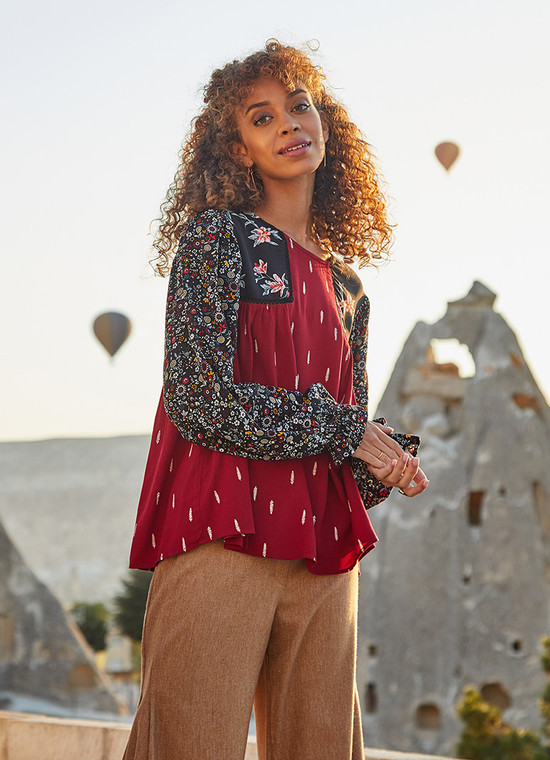 Long Sleeve Patchwork Bohemian Women's Blouse Red