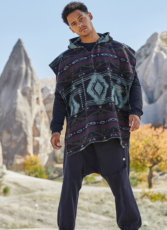 Ethnic Patterned Men's Poncho in Purple
