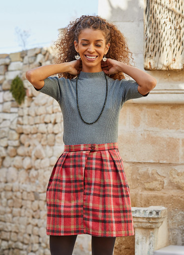 red pleated plaid skirt