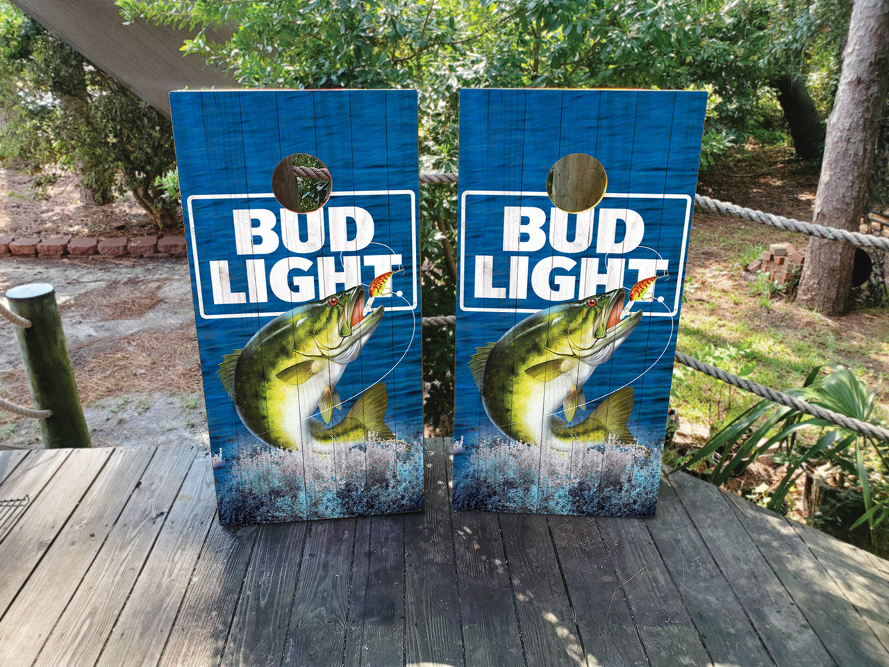 Bud Light Cornhole Wraps / Skins / Fishing Themed - Cornhole Wraps and Skins