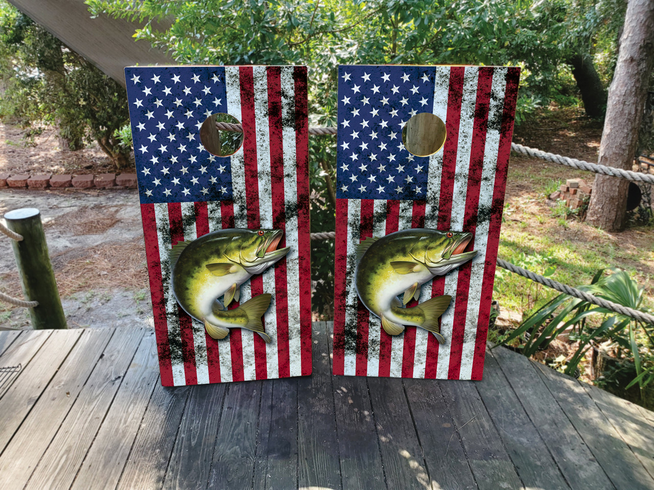 Fishing, American / USA Flag Cornhole Wraps / Skins - Design 3