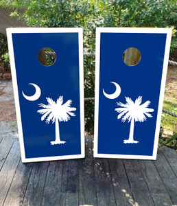 Navy South Carolina Flag Cornhole Boards and Wraps with crescent moon and palm tree with white border Navy South Carolina Flag Cornhole Boards and Wraps with crescent moon and palm tree with white border
