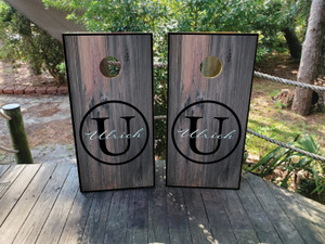 Rustic monogram wedding cornhole boards featuring a weathered wood background, bold circular monogram, and personalized last name. Perfect for country weddings, barn receptions, and elegant outdoor events Rustic monogram wedding cornhole boards featuring a weathered wood background, bold circular monogram, and personalized last name. Perfect for country weddings, barn receptions, and elegant outdoor events