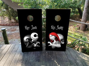 Custom gothic-themed cornhole boards featuring a black background with a romantic skeleton couple design, labeled 'Her Jack' and 'His Sally.' Perfect for Halloween weddings, gothic decor, and spooky-themed events.