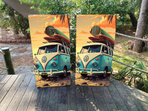 These cornhole wraps feature a vibrant, retro beach theme. The design showcases a classic turquoise and cream Volkswagen van with surfboards strapped to the roof, set against a warm sunset sky with orange and yellow hues. Palm trees frame the background, giving off a laid-back, coastal vibe. The van’s license plate humorously reads "SURF'S UP," adding to the playful, beachy atmosphere. The wraps combine nostalgia with a fun surfing theme, perfect for outdoor summer games.