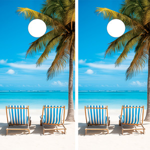 These cornhole wraps feature a serene tropical beach scene with two striped beach chairs facing a calm, blue ocean under a bright sky. Palm trees frame the view, creating a relaxing, vacation-inspired design perfect for beach lovers. These cornhole wraps feature a serene tropical beach scene with two striped beach chairs facing a calm, blue ocean under a bright sky. Palm trees frame the view, creating a relaxing, vacation-inspired design perfect for beach lovers.