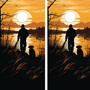 Two cornhole board wraps featuring a silhouetted hunter with a dog against a golden sunset over a tranquil lake, surrounded by tall grasses and bare trees, with a white scoring hole near the top of each board
