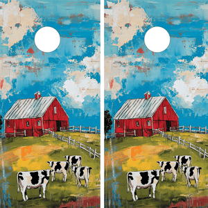 These cornhole wraps feature a vibrant farm-themed design. The artwork includes a picturesque red barn with a tin roof, set against a bright blue sky with fluffy clouds. In the foreground, black-and-white cows graze on a sunny green field enclosed by white fencing. The rustic charm and bold colors create a lively rural scene, perfect for a countryside or farmhouse aesthetic. These cornhole wraps feature a vibrant farm-themed design. The artwork includes a picturesque red barn with a tin roof, set against a bright blue sky with fluffy clouds. In the foreground, black-and-white cows graze on a sunny green field enclosed by white fencing. The rustic charm and bold colors create a lively rural scene, perfect for a countryside or farmhouse aesthetic.