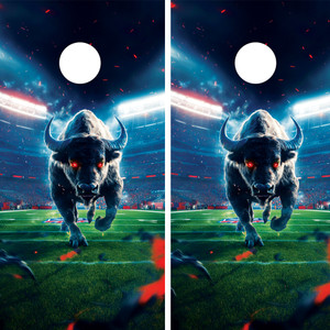 ornhole wraps featuring a fierce buffalo with glowing red eyes charging on a football field under stadium lights. The intense atmosphere is highlighted by scattered embers and vibrant energy, creating a dramatic and powerful sports-themed design. ornhole wraps featuring a fierce buffalo with glowing red eyes charging on a football field under stadium lights. The intense atmosphere is highlighted by scattered embers and vibrant energy, creating a dramatic and powerful sports-themed design.