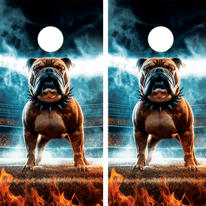 Cornhole wraps featuring a fierce bulldog with a spiked collar standing on a football field under dramatic stadium lights. Flames surround the bottom of the scene, creating an intense and bold sports-themed design that exudes power and energy. Cornhole wraps featuring a fierce bulldog with a spiked collar standing on a football field under dramatic stadium lights. Flames surround the bottom of the scene, creating an intense and bold sports-themed design that exudes power and energy.