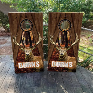 Custom deer hunting cornhole boards featuring a realistic buck with antlers, woodland forest background, rustic wood panel design, and a hunting crosshair target. Personalized with a family name, perfect for outdoor enthusiasts, hunters, and cabin decor Custom deer hunting cornhole boards featuring a realistic buck with antlers, woodland forest background, rustic wood panel design, and a hunting crosshair target. Personalized with a family name, perfect for outdoor enthusiasts, hunters, and cabin decor