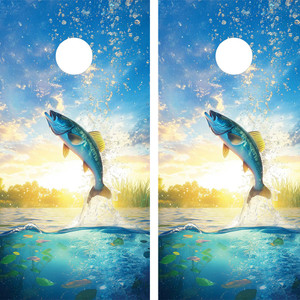 Jumping fish cornhole wrap with a vibrant blue and yellow fish leaping from a sparkling lake, surrounded by splashes and droplets, with a warm, sunny sky and reeds in the background.Largemouth Bass
Smallmouth Bass
Walleye
Muskellunge (Muskie)
Northern Pike
Rainbow Trout
Brook Trout
Cutthroat Trout
Steelhead (anadromous Rainbow Trout)
Striped Bass Jumping fish cornhole wrap with a vibrant blue and yellow fish leaping from a sparkling lake, surrounded by splashes and droplets, with a warm, sunny sky and reeds in the background.Largemouth Bass
Smallmouth Bass
Walleye
Muskellunge (Muskie)
Northern Pike
Rainbow Trout
Brook Trout
Cutthroat Trout
Steelhead (anadromous Rainbow Trout)
Striped Bass