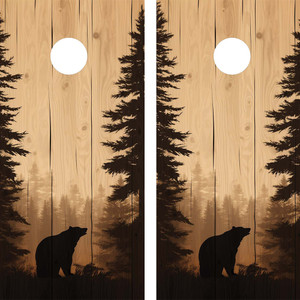 This cornhole design features a rustic, wood-grain background that mimics the natural texture of wooden planks. The primary visual elements include tall evergreen trees on both the left and right sides, creating a symmetrical frame around the center. The trees are silhouetted in a dark brown to black color, blending seamlessly with the natural wood aesthetic.
In the lower center, a bear silhouette stands prominently, appearing to be howling or roaring, with a misty forest background This cornhole design features a rustic, wood-grain background that mimics the natural texture of wooden planks. The primary visual elements include tall evergreen trees on both the left and right sides, creating a symmetrical frame around the center. The trees are silhouetted in a dark brown to black color, blending seamlessly with the natural wood aesthetic.
In the lower center, a bear silhouette stands prominently, appearing to be howling or roaring, with a misty forest background