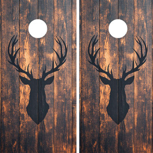 cornhole wraps featuring a Rustic Deer head on a wood grain background cornhole wraps featuring a Rustic Deer head on a wood grain background