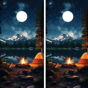 Rustic forest campfire cornhole wrap design featuring a glowing firepit surrounded by tall trees under a moonlit sky. Embers float through the air, creating a warm and mysterious woodland atmosphere. Perfect for camping and outdoor enthusiasts."