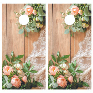Rustic wedding design featuring soft pink peonies, lush greenery, and delicate white lace arranged over warm natural wood planks.