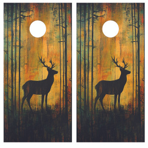 Rustic woodland artwork featuring a black deer silhouette, tall tree outlines, and a warm painted sunset background in earthy tones.