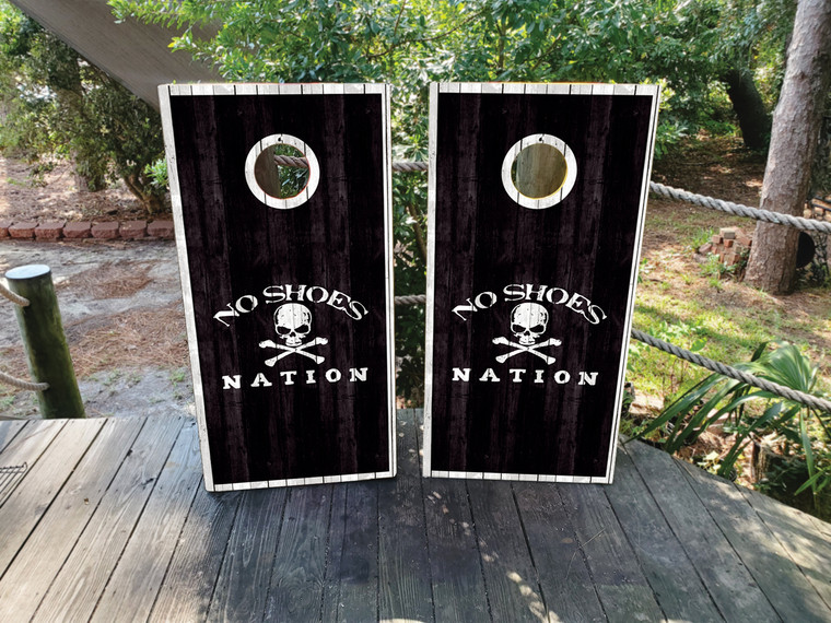 No Shoes Nation, natural wood grain, skull cornhole wraps / skins / vinyl /stickers