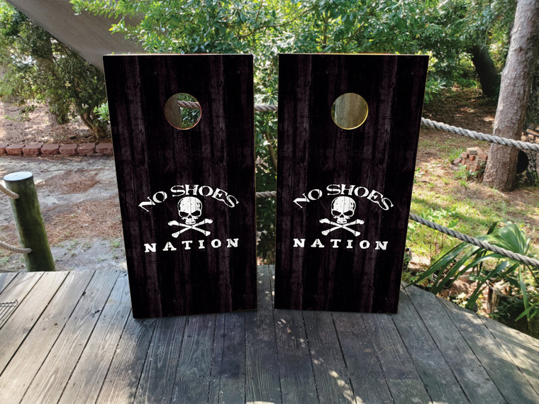 No Shoes Nation, natural wood grain, skull cornhole wraps / skins / vinyl /stickers