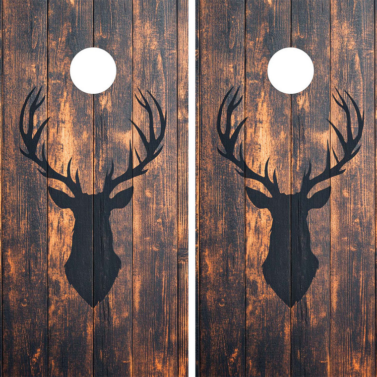 cornhole wraps featuring a Rustic Deer head on a wood grain background