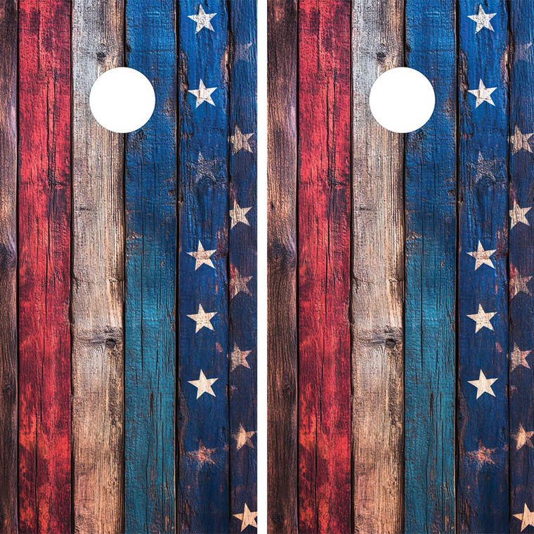 Cornhole wraps featuring a USA Flag on wood grain