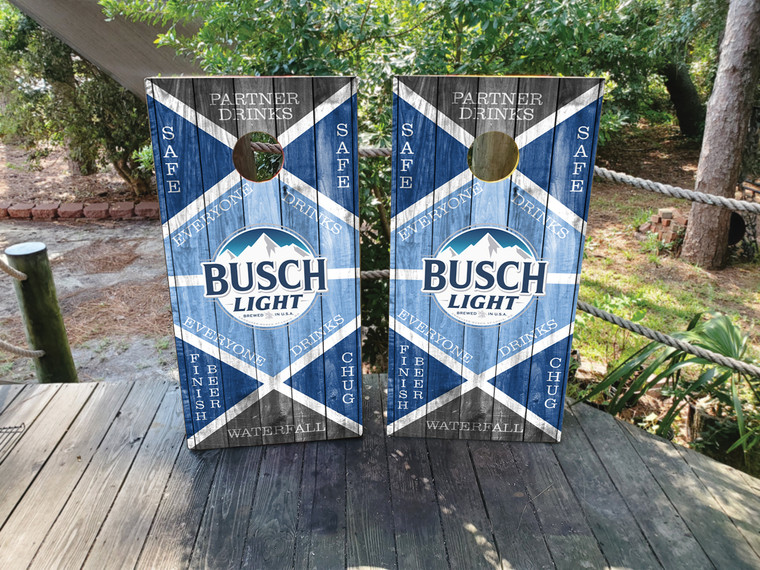 Blue wood plank drinking-game themed wrap featuring a Busch Light–style mountain logo, crisscross white lines with prompts like Waterfall, Everyone Drinks, Safe, Finish Beer, and Partner Drinks.