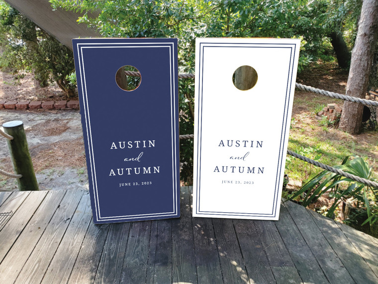 Custom navy wedding cornhole wraps