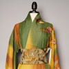  Olive Vintage Long Japanese Furisode Kimono w/Obi Sash 