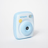 Front view of a round light blue camera with yellow buttons