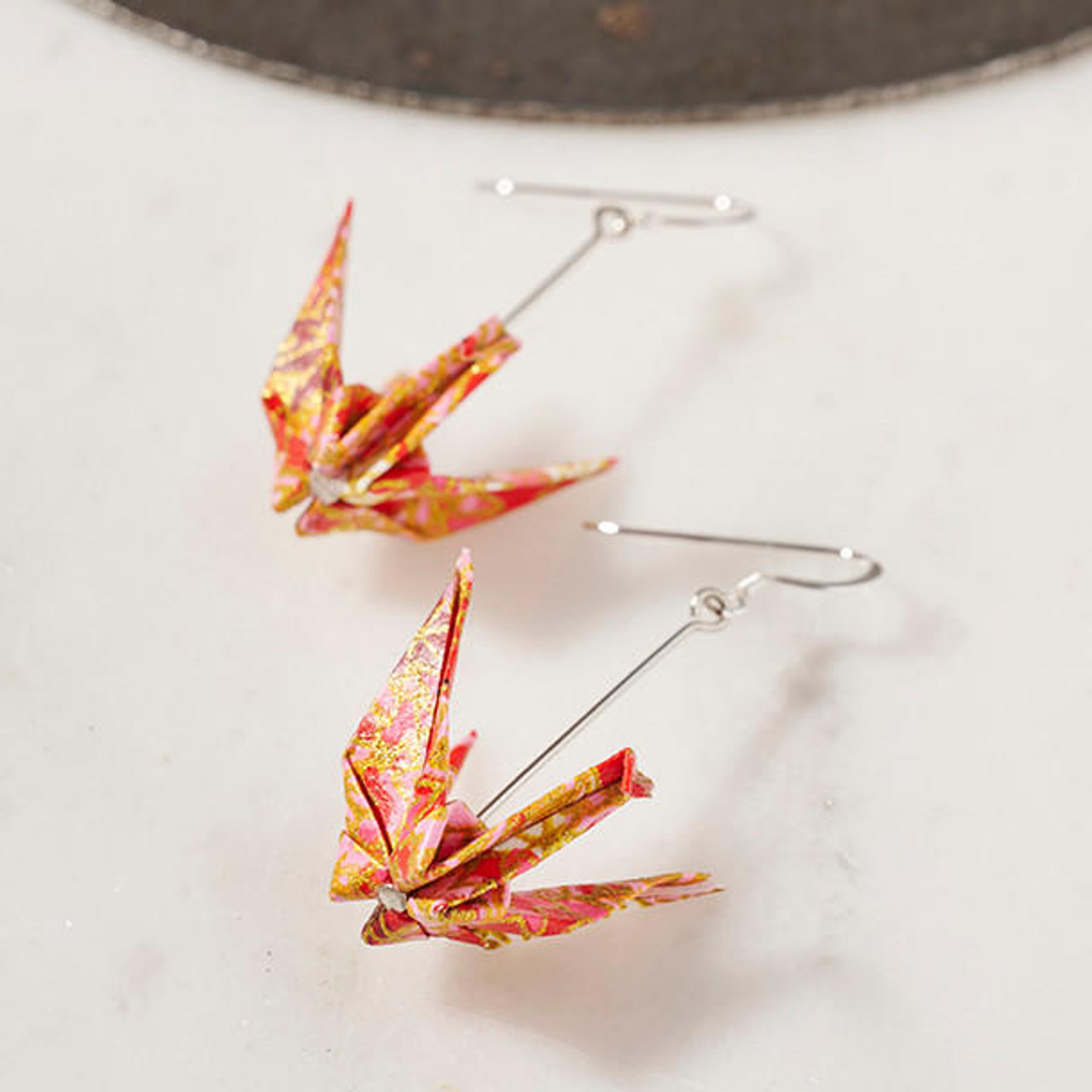 Origami Crane Earrings - Tear Drop Gold Loop – misschopsticks