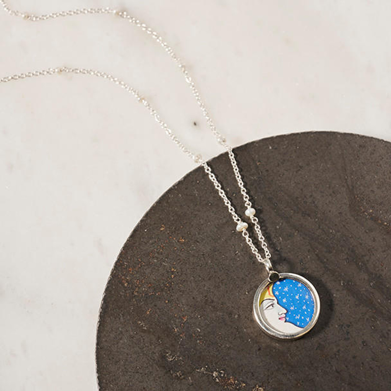 Crescent Moon Miniaturist Pendant on Floating Pearl Sterling Chain