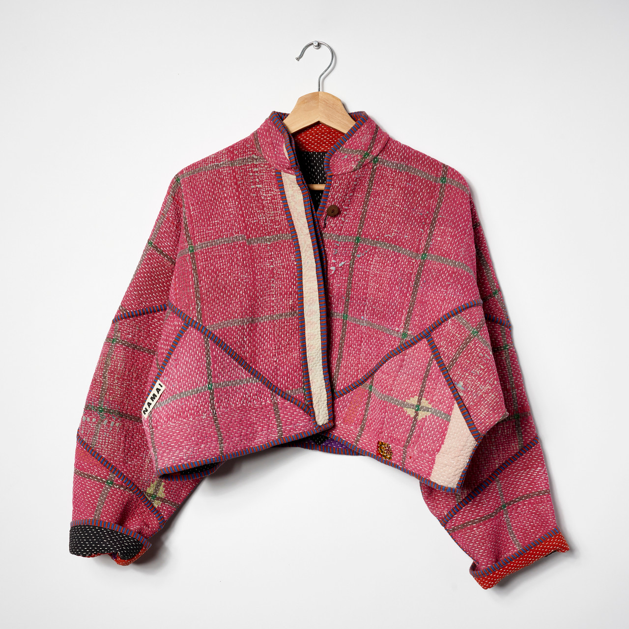 Red Plaid Cropped Kaira Upcycled Quilted Kantha Jacket by Namai