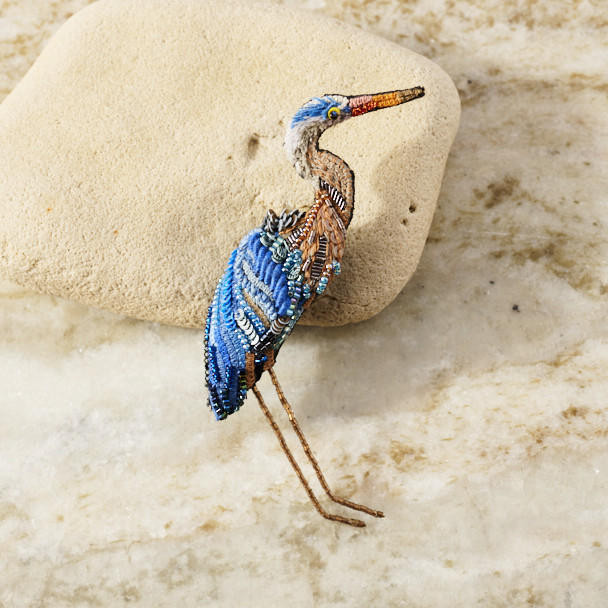 Embroidered & Beaded Blue Heron Pin - Philadelphia Museum of Art Store