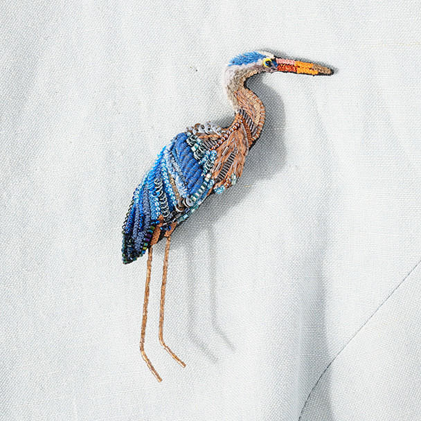 Embroidered & Beaded Blue Heron Pin - Philadelphia Museum of Art Store
