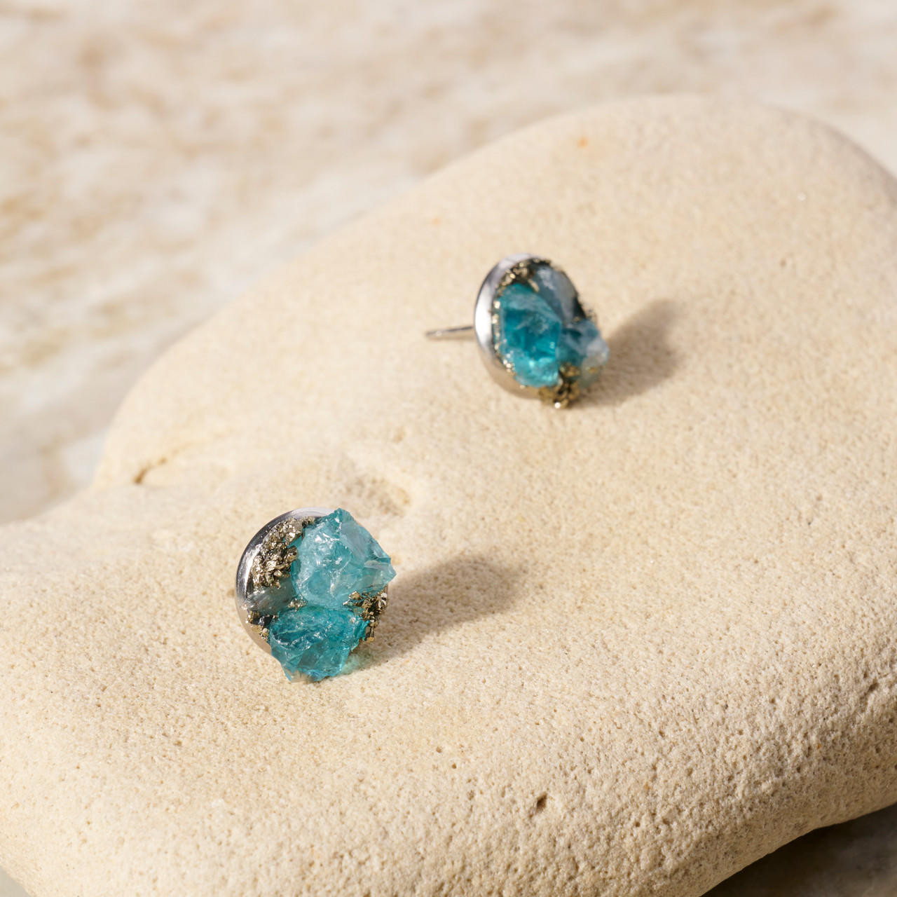 Raw Apatite and Pyrite Cluster Stud Earrings by Raw Opal