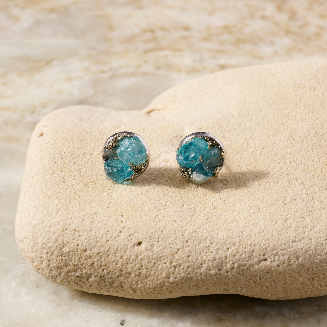 Raw Apatite and Pyrite Cluster Stud Earrings by Raw Opal