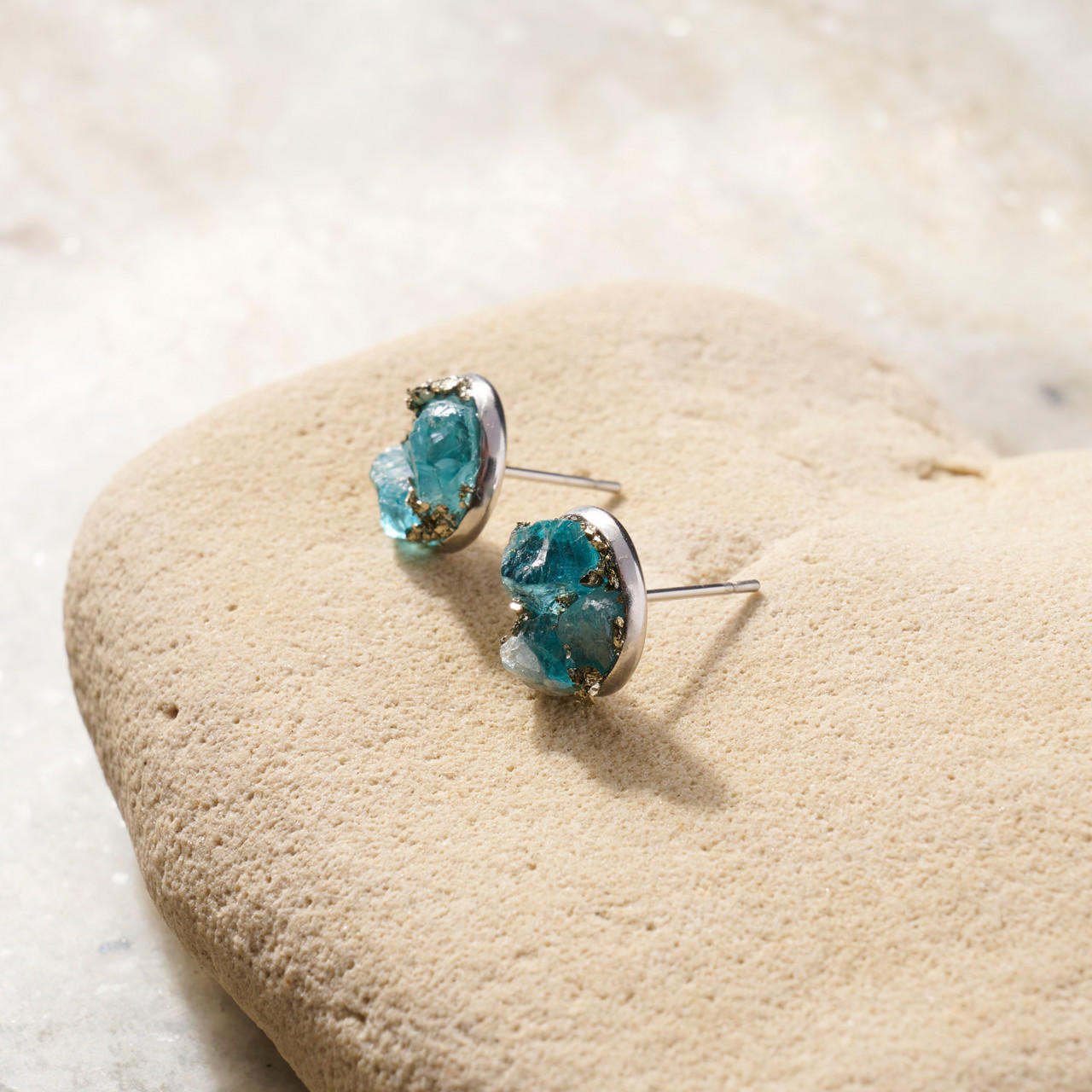 Raw Apatite and Pyrite Cluster Stud Earrings by Raw Opal