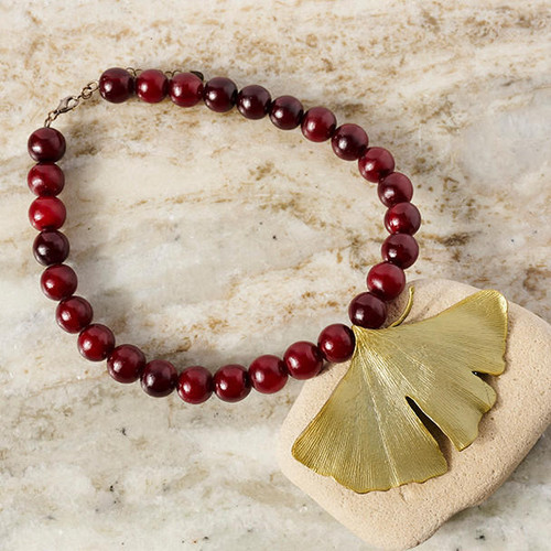 Michael Michaud Deep Red Beaded Gingko Necklace