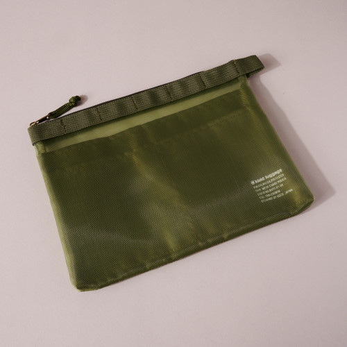 Front of olive green Kleid Mesh Carry Pouch with small printed text on lower right corner of pouch, shown laying flat on surface